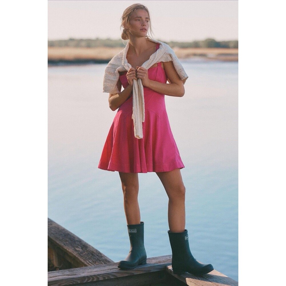 ANTHROPOLOGIE New Mini Dress LARGE Hot Pink Plunge Drop Waist A-Line Sleeveless